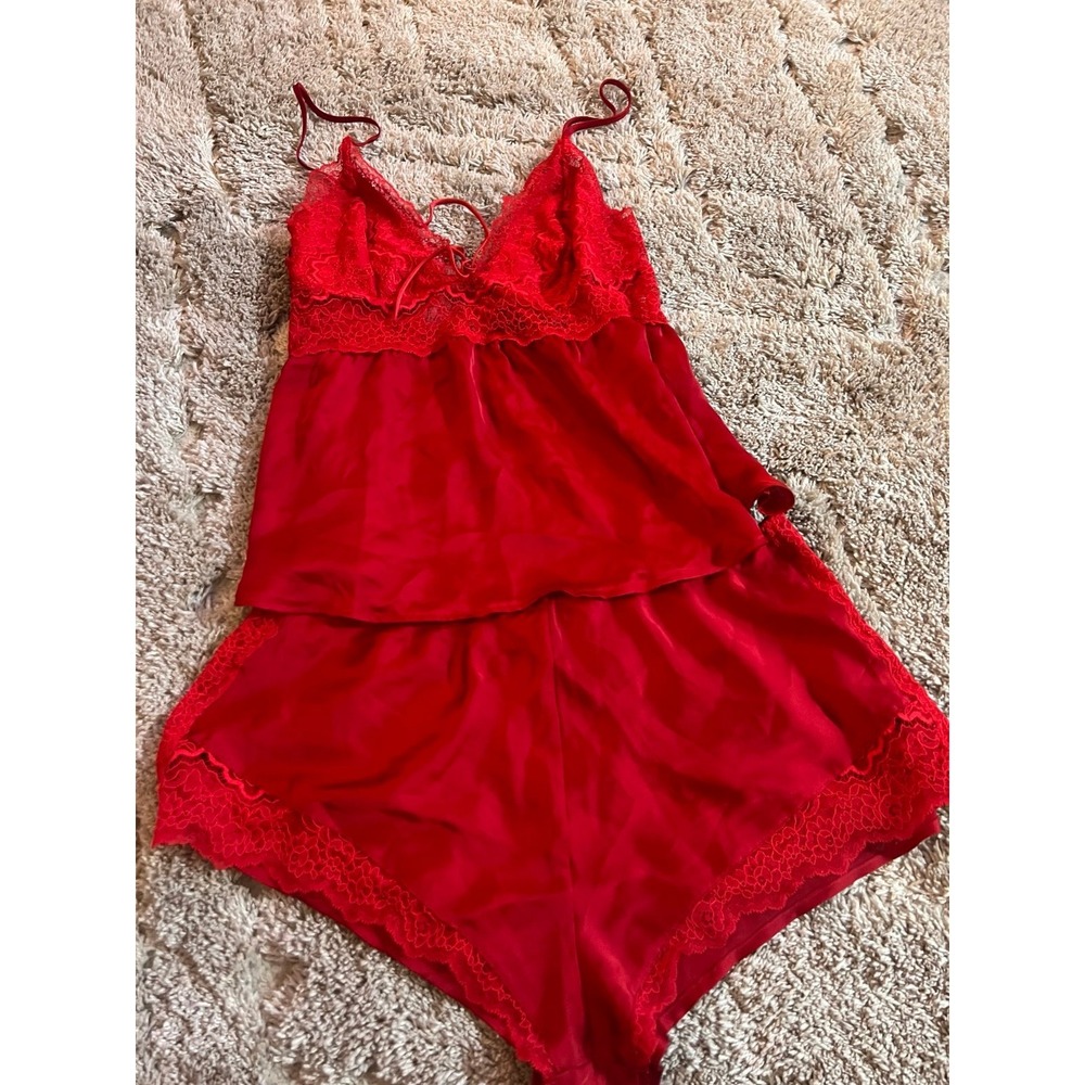 Victorias Secret Red Silk Pajama Set Lingerie Lace